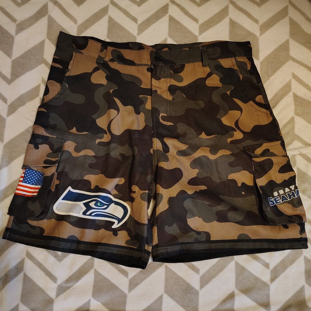 Seattle Seahawks Throwback Logo Camouflage Cargo Shorts NFL Sporty Game Day